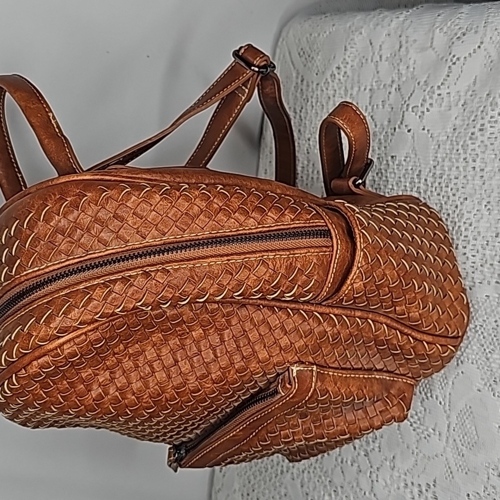 Shomico tan leather woven basket style weaved backpack purse handbag - Picture 3 of 8